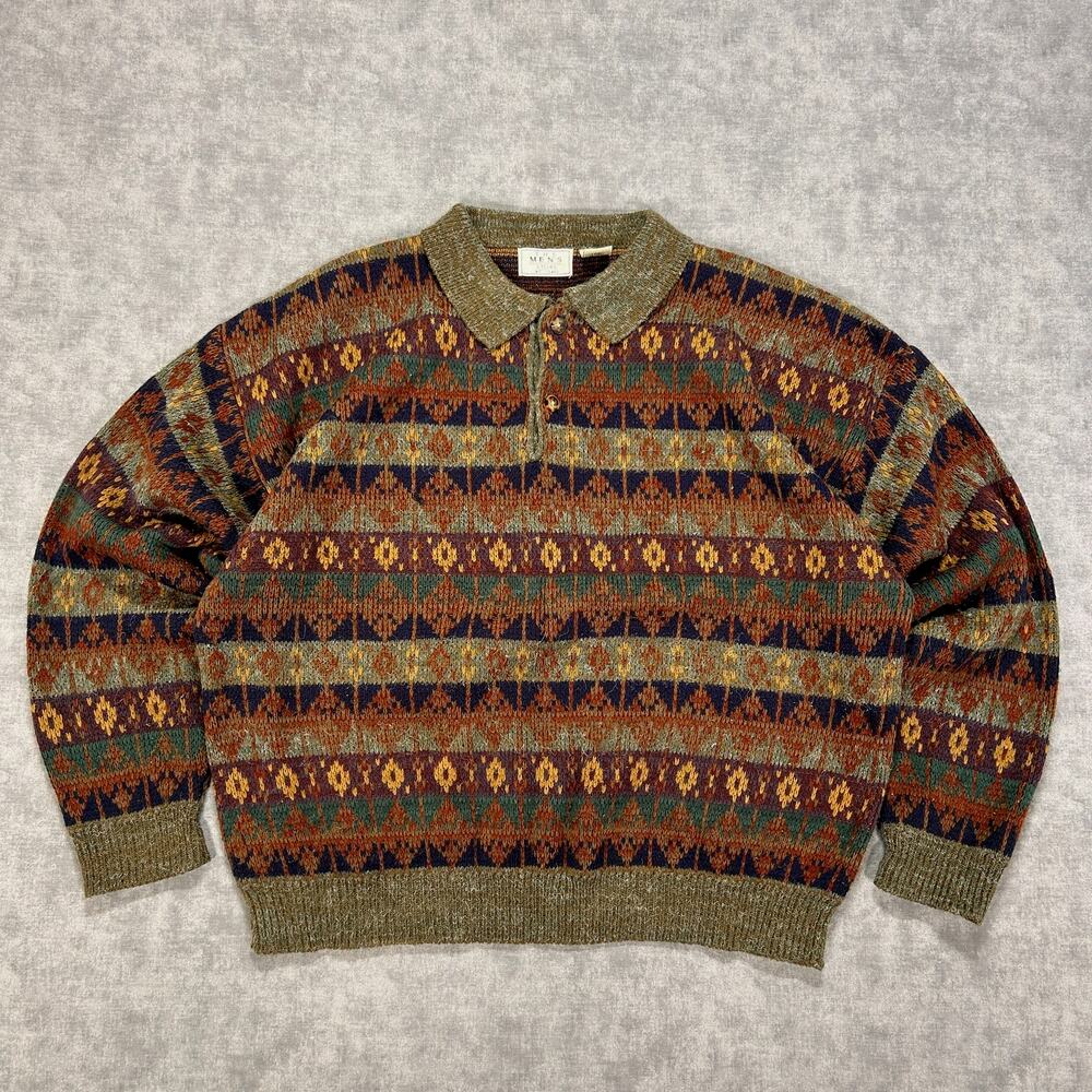 VTG 90s Sears southwestern geometric earth tone collared sweater mens XL